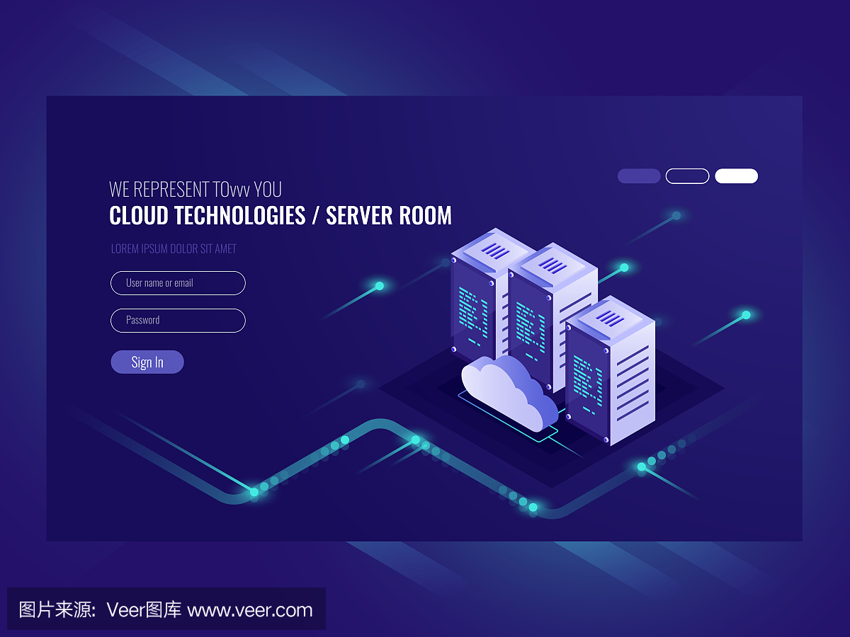 云數據中心、服務器室圖標、信息請求處理、計算機技術、等距矢量紫外